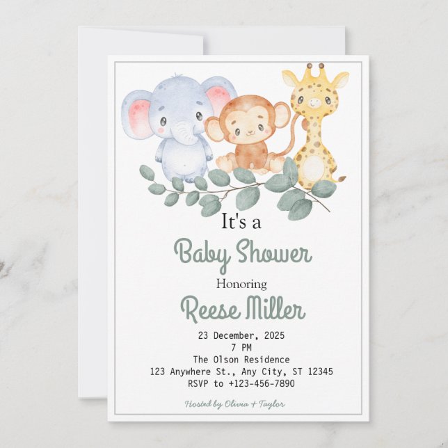Invitación Fiesta de Baby Shower Jungle Safari Greenery (Anverso)