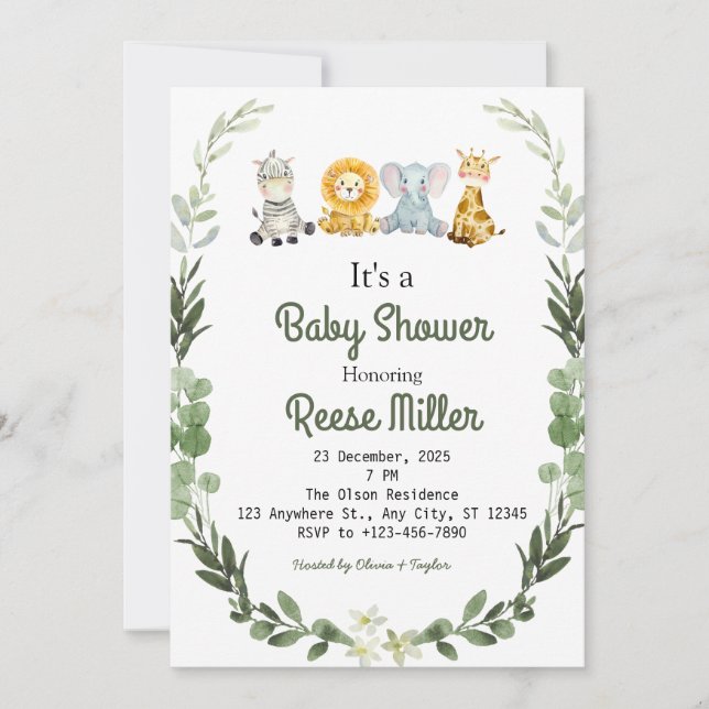 Invitación Fiesta de Baby Shower Jungle Safari Greenery (Anverso)