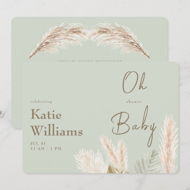 Invitación Fiesta de Baby Shower Ligero Sage Boho (Anverso / Reverso)