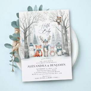 Invitación Fiesta de Baby Shower Mixta Bosque Invernal Animal