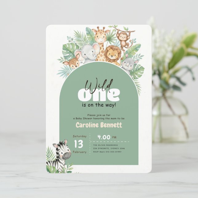 Invitación Fiesta de Baby Shower Modern Greenery Wild One (Anverso de pie)