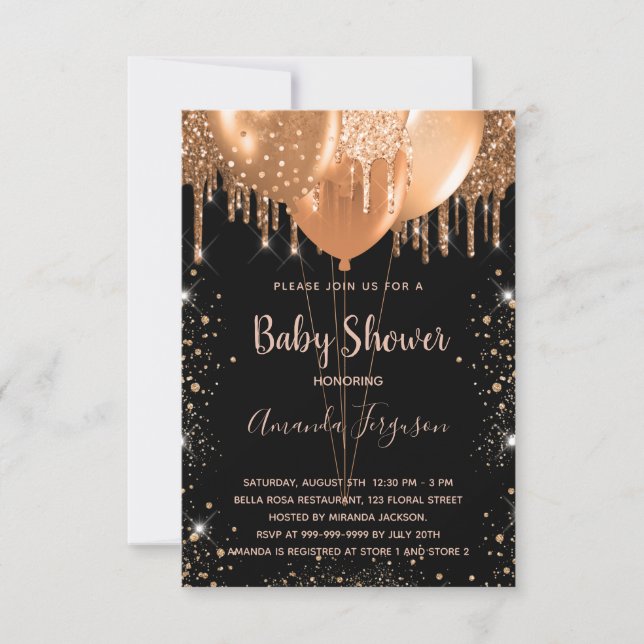 Invitación Fiesta de baby shower negro con brillo dorado (Anverso)