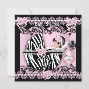 Invitación Fiesta de Baby Shower Niña Bebé Rosa Encaje Cebra