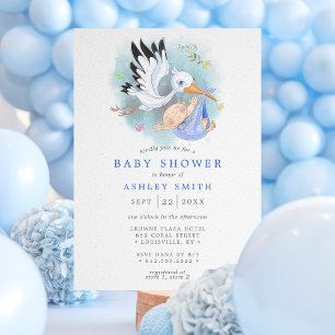 Invitación Fiesta de Baby Shower Niño Azul Acuarela Cigüeña M