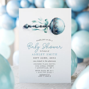 Invitación Fiesta de Baby Shower Niño Sonajero Azul Elegante