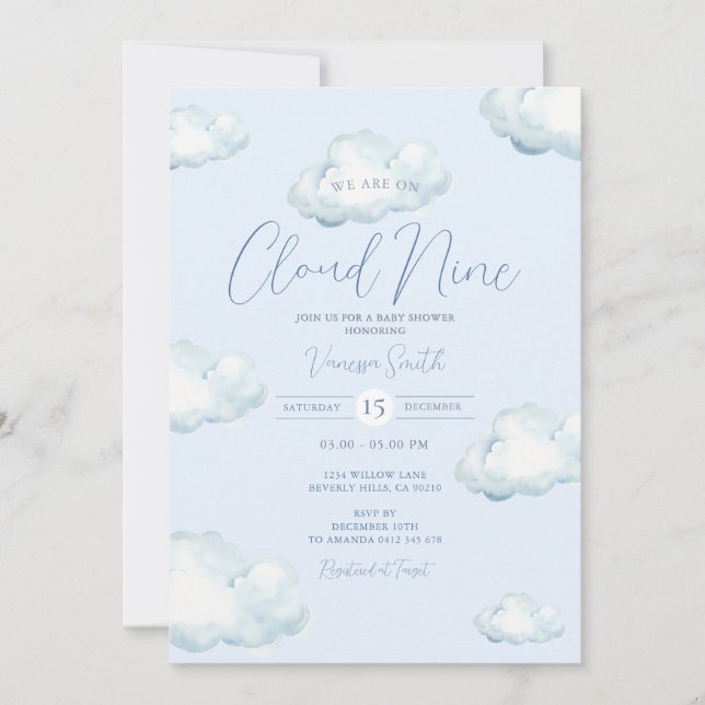 Invitación Fiesta de Baby Shower Nube Nueve Azul Blanco (Anverso)
