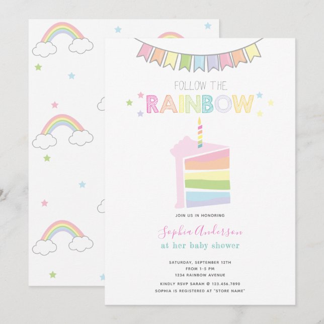 Invitación Fiesta de Baby Shower Pastel Rainbow (Anverso / Reverso)