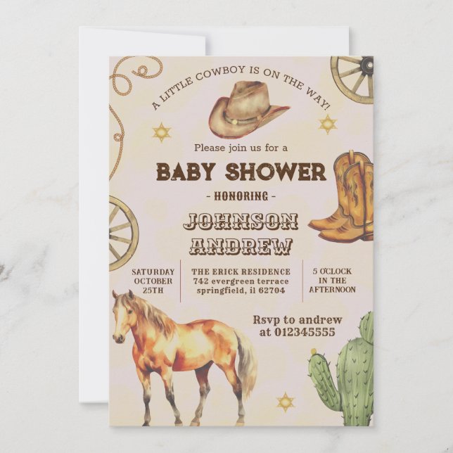 Invitación fiesta de Baby Shower personalizado CowBoy (Anverso)