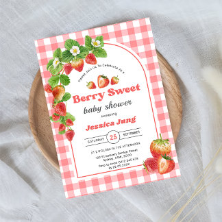 Invitación Fiesta de Baby Shower Pink Gingham Strawberry