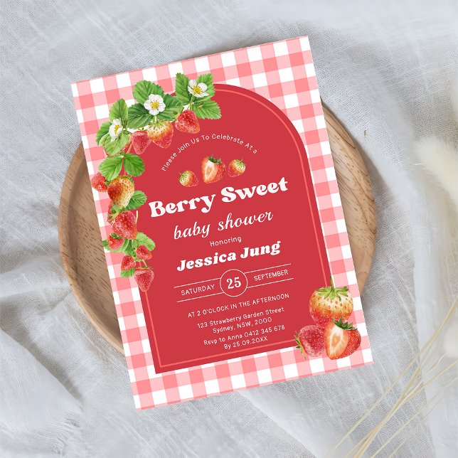 Invitación Fiesta de Baby Shower Pink Gingham Strawberry (Subido por el creador)