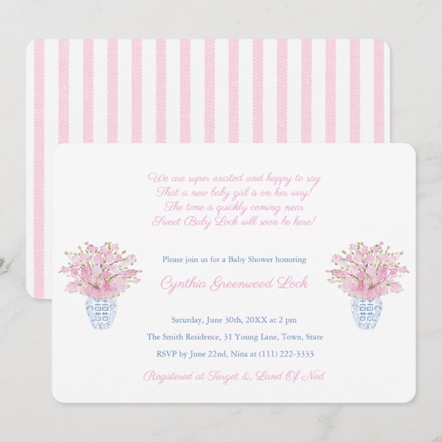 Invitación Fiesta De Baby Shower Preppy Pink And Blue Little  (Anverso / Reverso)