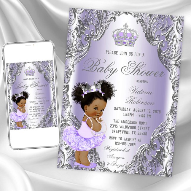 Invitación Fiesta de Baby Shower Princesa Pelo Afro Plateado  (Lavender silver baby shower invitation. Instant download and printed invitations available.)
