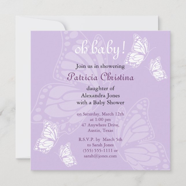 Invitación Fiesta de Baby Shower púrpura de la mariposa (Anverso)