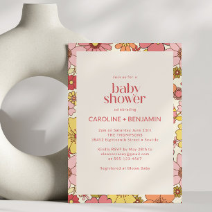 Invitación Fiesta de Baby Shower Retro Groovy Floral para Par