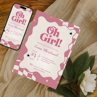 Invitación Fiesta de Baby Shower Retro Groovy Rosa a Cuadros 