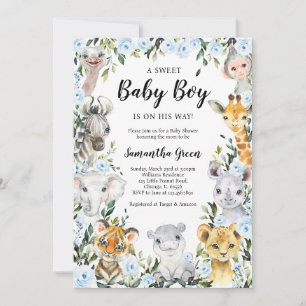Invitación Fiesta de Baby Shower Safari Jungla Floral Azul