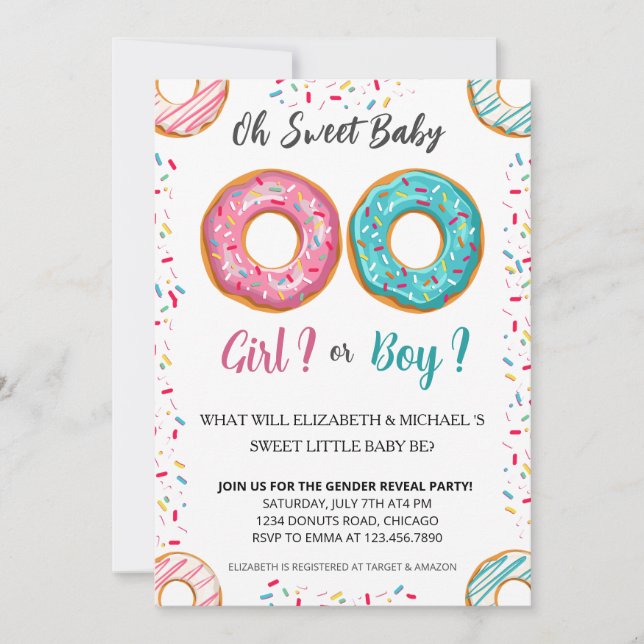 Invitación Fiesta de Baby Shower sobre el tema Donut de géner (Anverso)