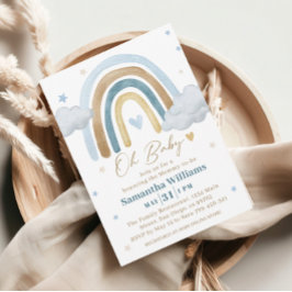 Invitación Fiesta de Baby Shower Soñadora Azul Dorada Boho