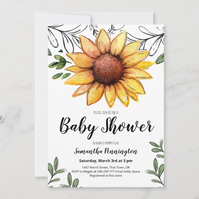 Invitación Fiesta de Baby Shower Sunflower Watercolor (Anverso)