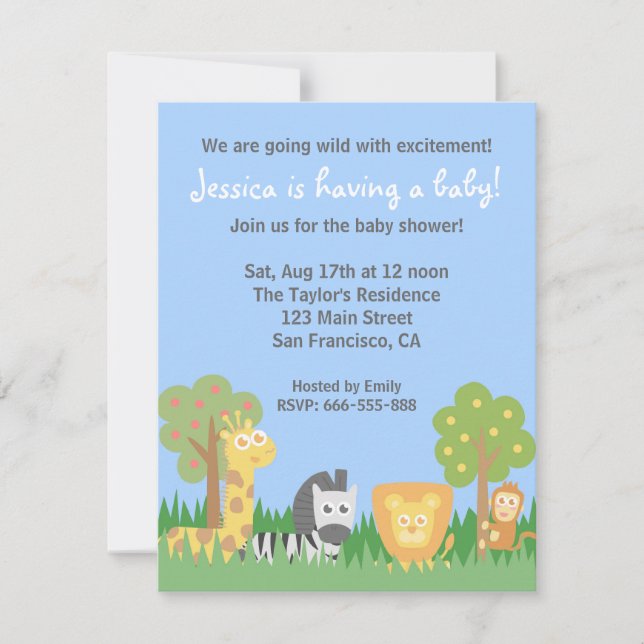 Invitación Fiesta de Baby Shower tema de los animales salvaje (Anverso)