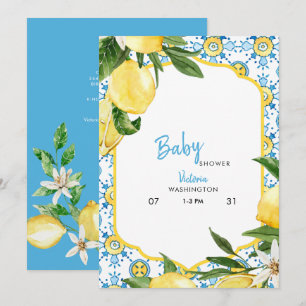 Invitación Fiesta de Baby Shower Tropical Mediterráneo Azul