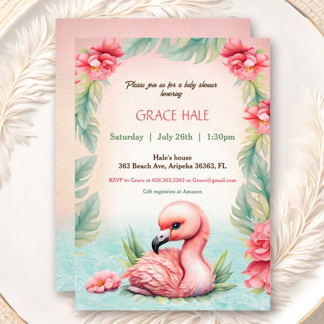 Invitación Fiesta de Baby Shower Tropical Summer Pink Flaming (Tropical Summer Pink Flamingo Baby Shower Party Invitation)