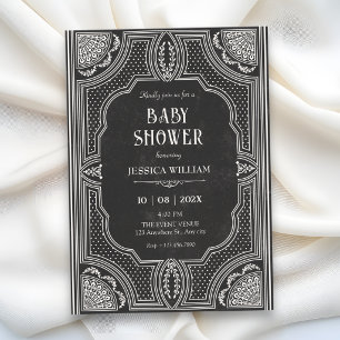 Invitación Fiesta de baby shower vintage art déco negro