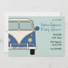 Invitación Fiesta de baby shower vintage en furgoneta azul
