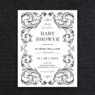 Invitación Fiesta de baby shower Vintage Gótico blanco y negr