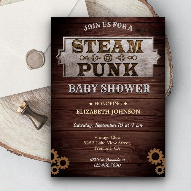 Invitación Fiesta de Baby Shower Vintage Rústico Steampunk (Subido por el creador)