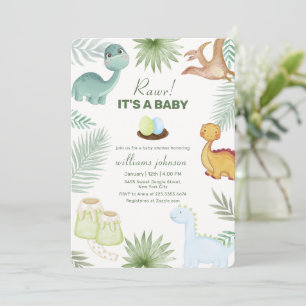Invitación Fiesta de Baby Shower Volcán Rawr Tropical Dinosau
