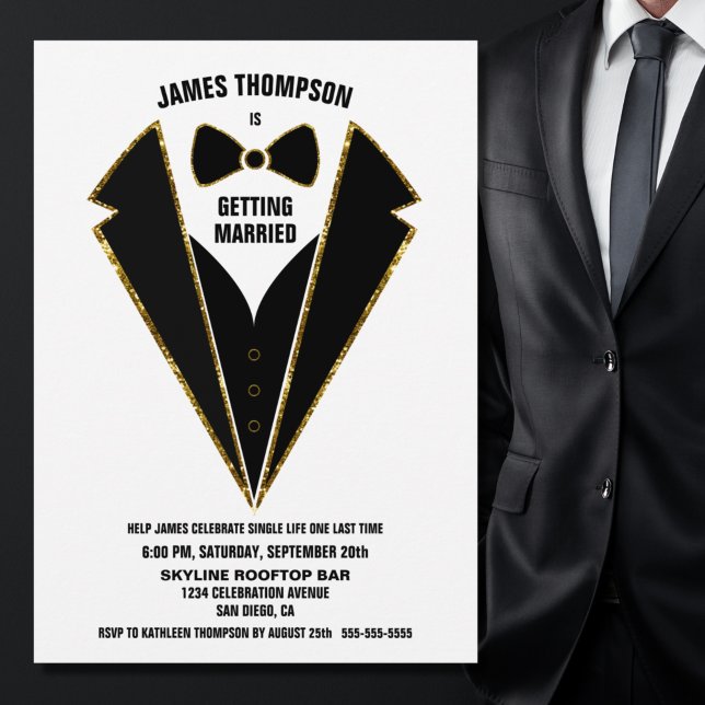 Invitación Fiesta de Bachelor de Black Gold Tuxedo (Subido por el creador)