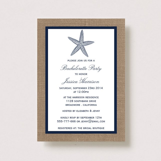 Invitación Fiesta de Bachelor Naval Starfish Beach Burlap (Subido por el creador)
