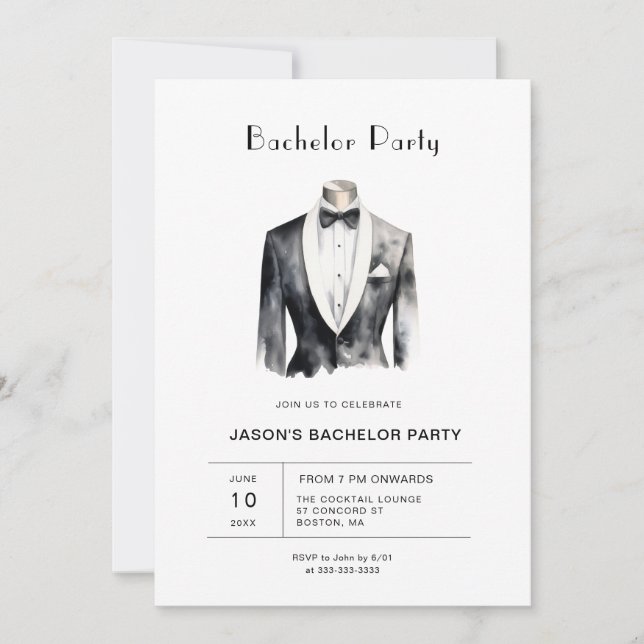Invitación Fiesta de Bachelor Tuxedo (Anverso)