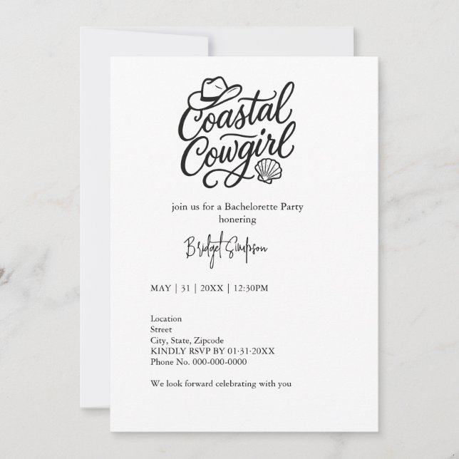 Invitación fiesta de bacheloramia costera de escritura negra (Anverso)