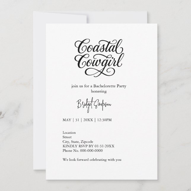 Invitación fiesta de bacheloramia costera de escritura negra (Anverso)