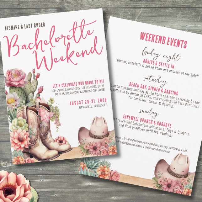 Invitación Fiesta de Bachelorette (Last Rodeo Weekend Pink Cowgirl Bachelorette Party Invitation)