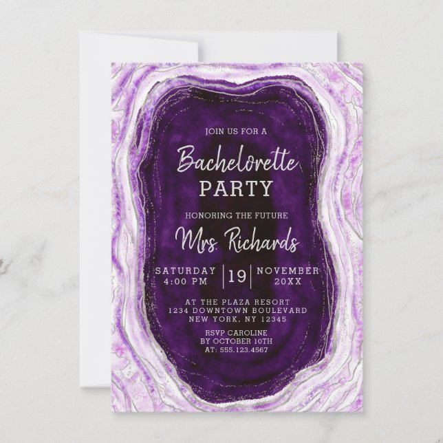 Invitación Fiesta de Bachelorette Amethyst Purple & Silver Ge (Anverso)