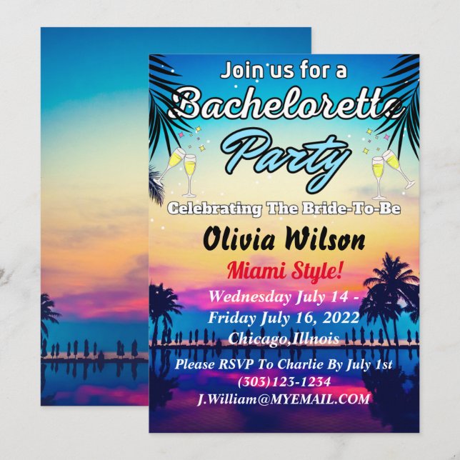 Invitación Fiesta de Bachelorette Beach de Verano Miami Weeke (Anverso / Reverso)