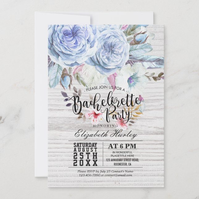 Invitación Fiesta de Bachelorette Boho Floral Feather Rústica (Anverso)