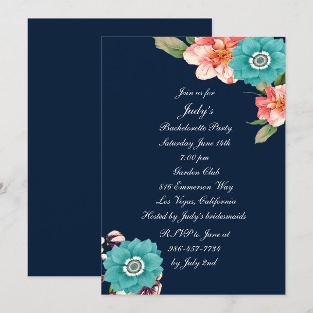 Invitación Fiesta De Bachelorette Botánica Floral Azul Y Rosa (Anverso / Reverso)