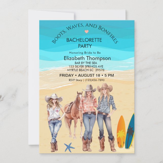 Invitación Fiesta de Bachelorette Coastal Cowgirls Beach (Anverso)