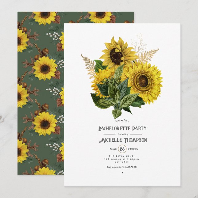 Invitación Fiesta de Bachelorette de Barn Rural de Girasol Rú (Anverso / Reverso)