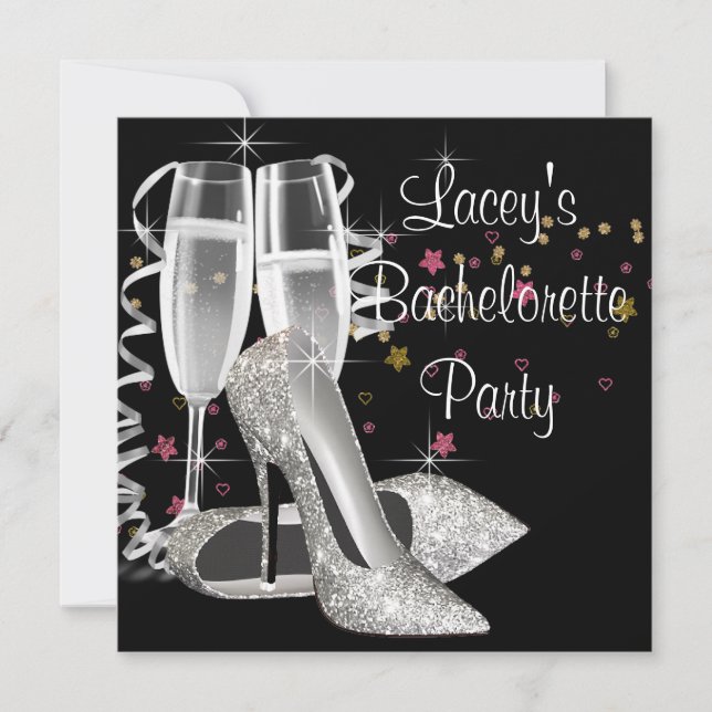 Invitación Fiesta de Bachelorette de Black Champagne de tacon (Anverso)