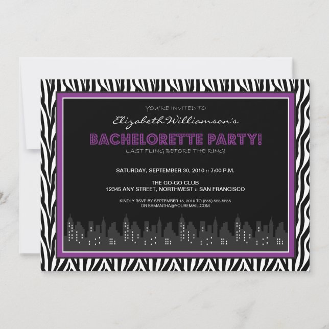 Invitación Fiesta de Bachelorette de Cebra Funky (púrpura) (Anverso)