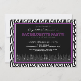 Invitación Fiesta de Bachelorette de Cebra Funky (púrpura)