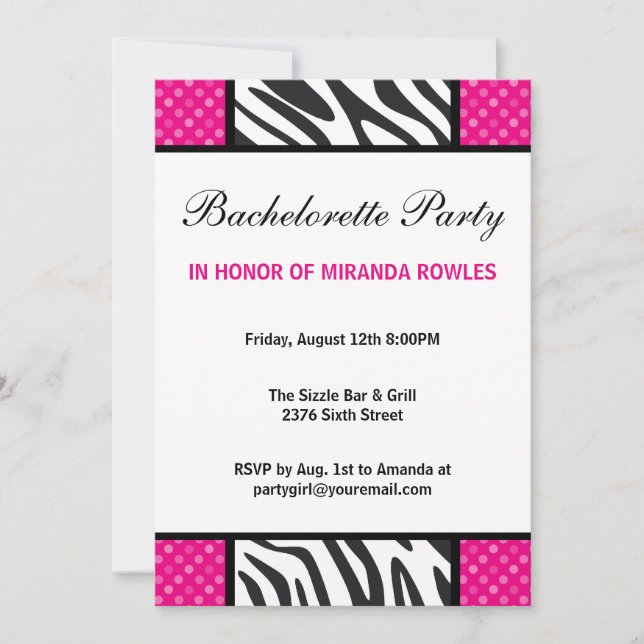 Invitación Fiesta de Bachelorette de Cebra Salvaje Hot Pink (Anverso)