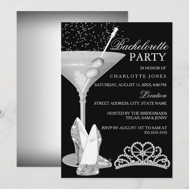 Invitación Fiesta de Bachelorette de Cocktail Plateada (Anverso / Reverso)