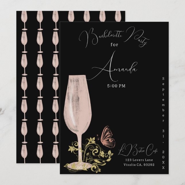 Invitación Fiesta de Bachelorette de Cóctel Rosa (Anverso / Reverso)