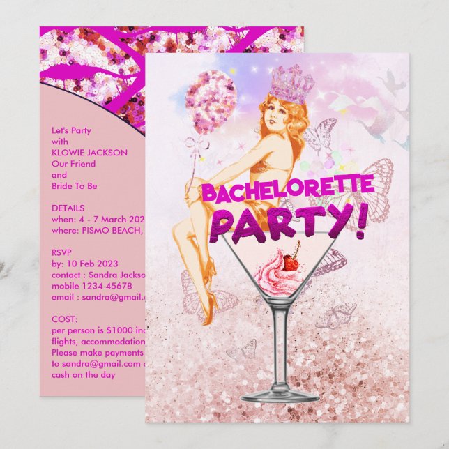 Invitación Fiesta de Bachelorette de color rosa (Anverso / Reverso)